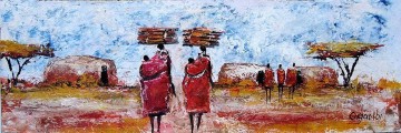 African Painting - Carrying Wood and Children to Manyatta African